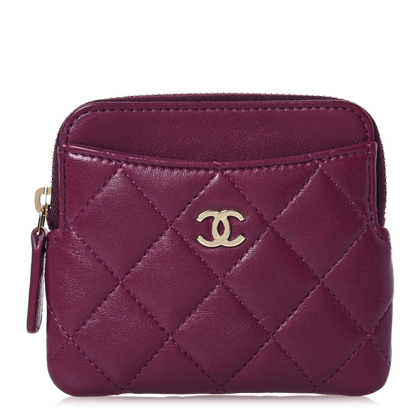 Lambskin Quilted Zip Card Holder Wallet Dark Purple