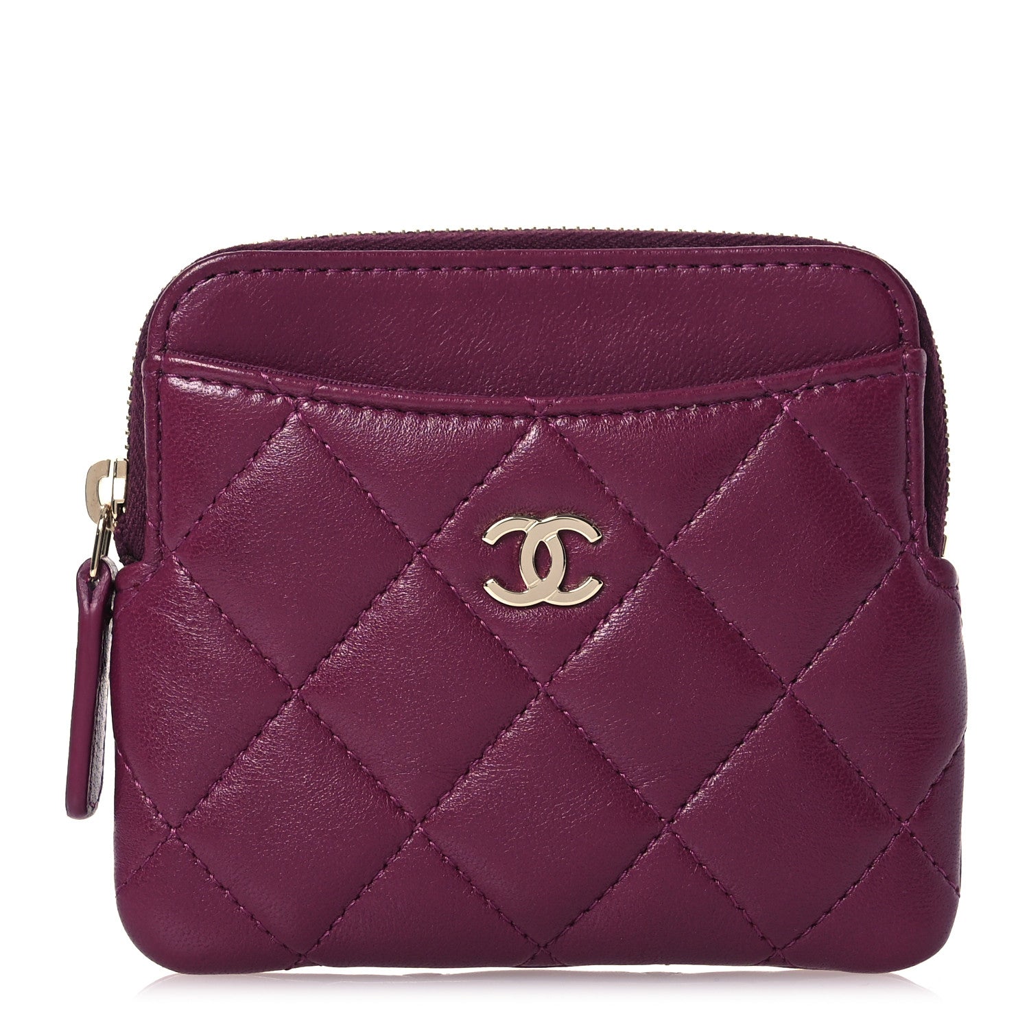 Chanel Lambskin Quilted Zip Card Holder Wallet Dark Purple 1 of 10