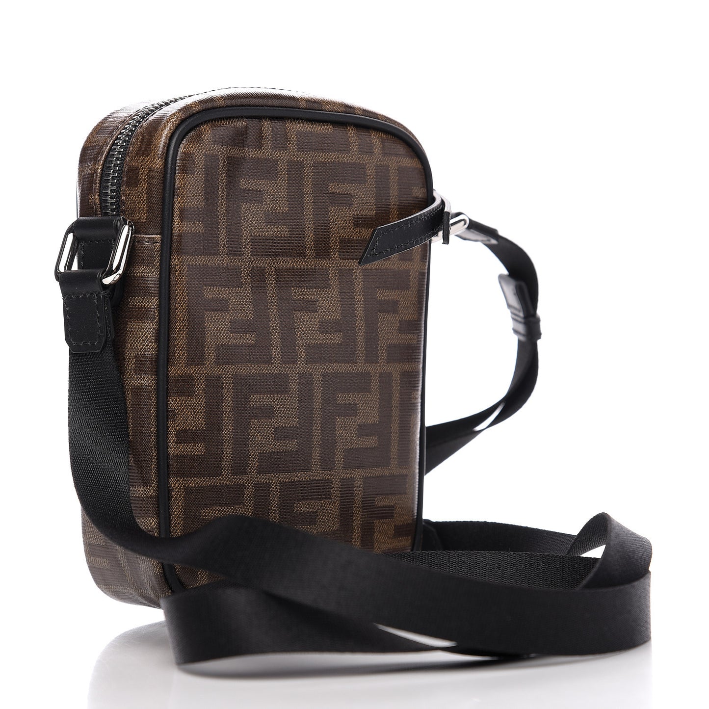 Glazed Fabric Vitello Century FF 1974 Stamp Patch Small Crossbody Messenger Mogano Panna Black