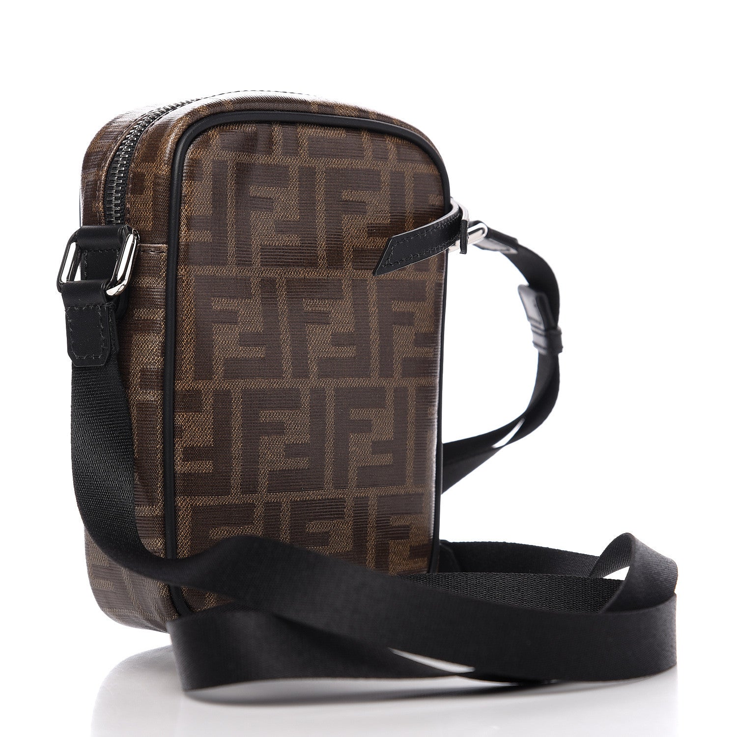 Fendi Glazed Fabric Vitello Century FF 1974 Stamp Patch Small Crossbody Messenger Mogano Panna Black 2 of 9