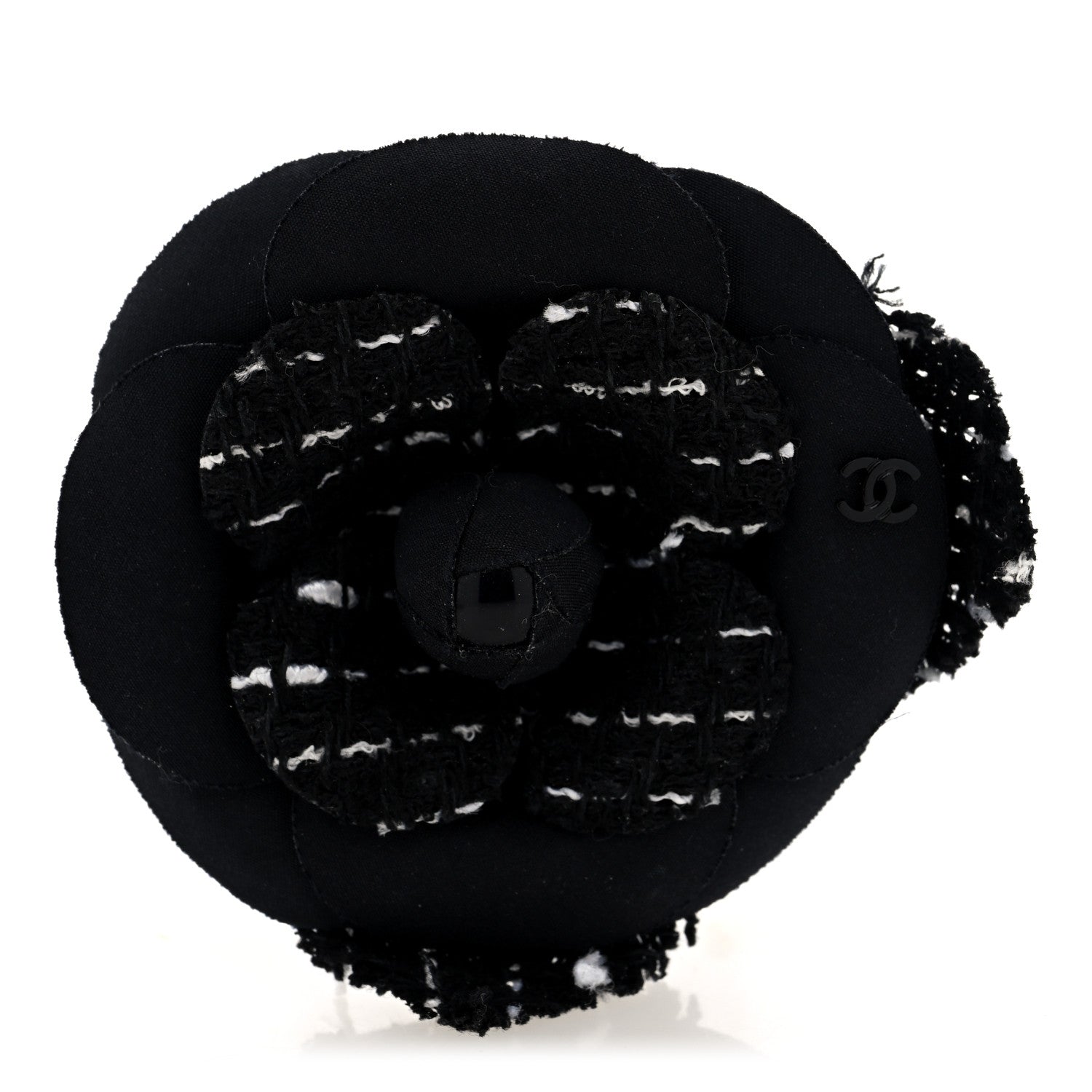Chanel Tweed Fabric Camellia Pin Brooch Black 1 of 3