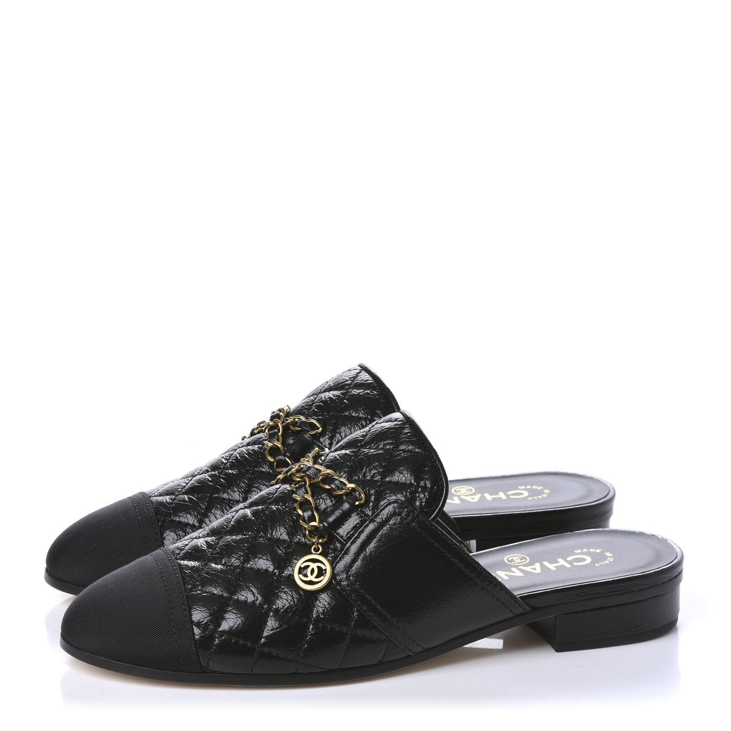 Glazed Deerskin Grosgrain Quilted Chain Mules 37 Black