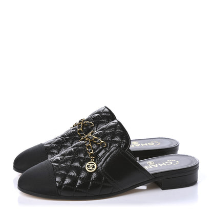 Chanel Glazed Deerskin Grosgrain Quilted Chain Mules 37 Black 3 of 10