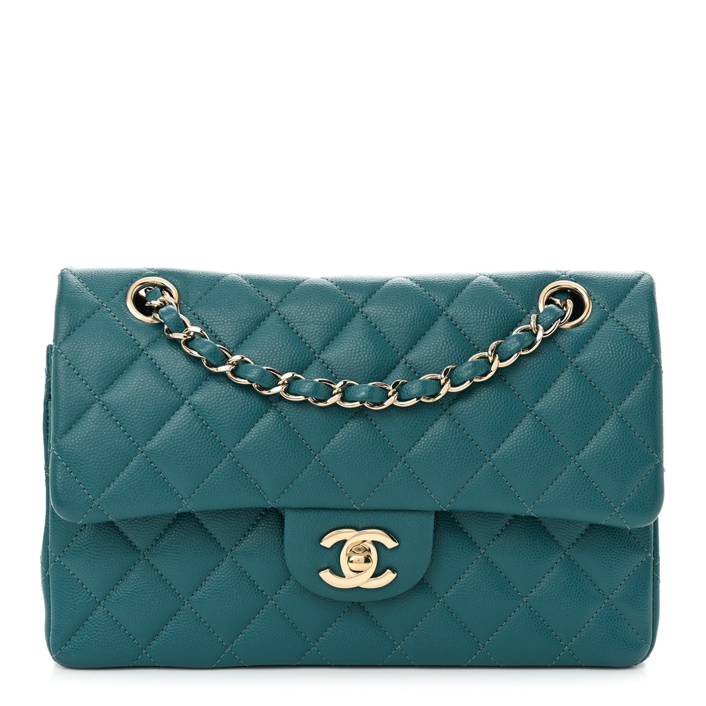 Caviar Quilted Small Double Flap Turquoise
