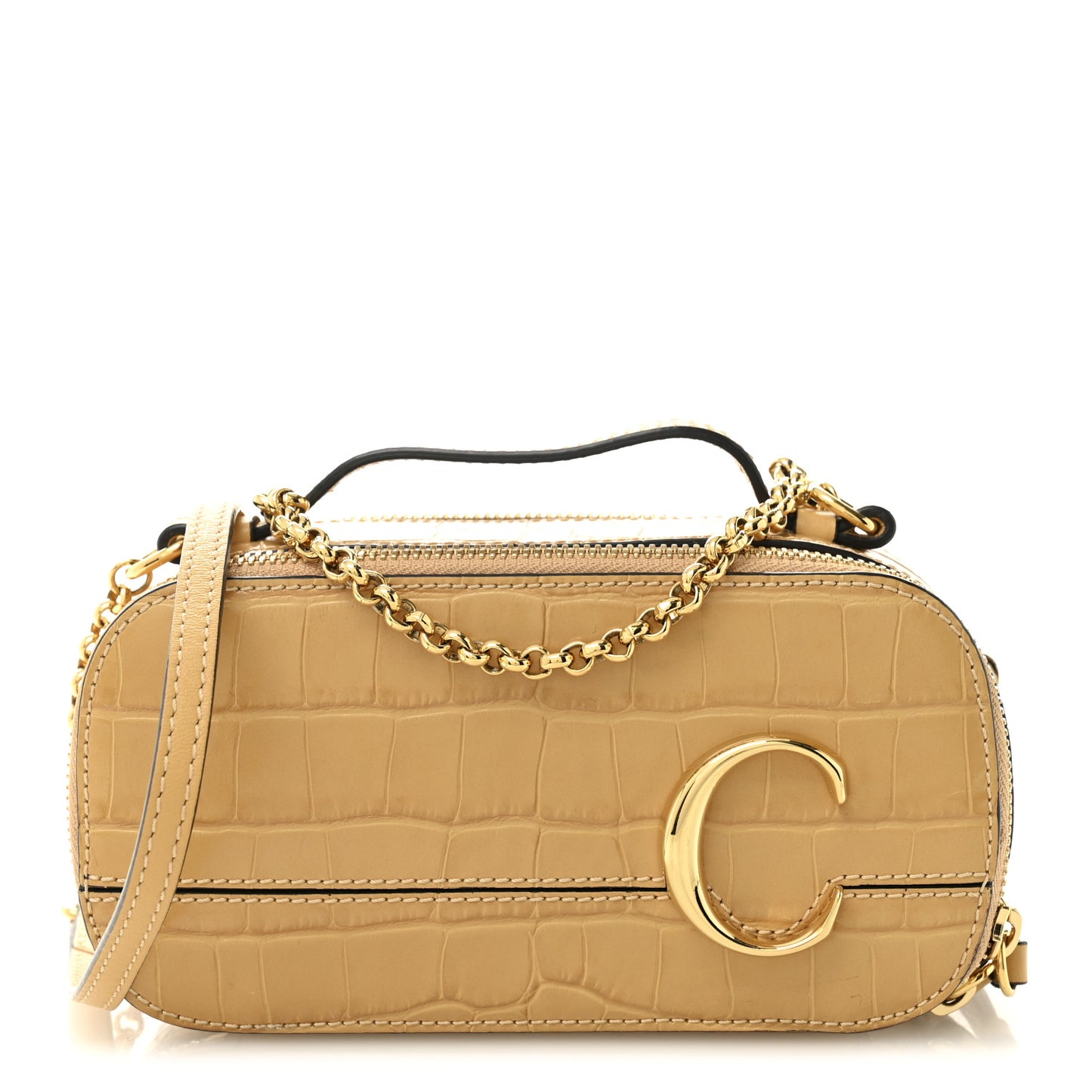 Calfskin Crocodile Embossed Mini C Vanity Bag Honey Gold
