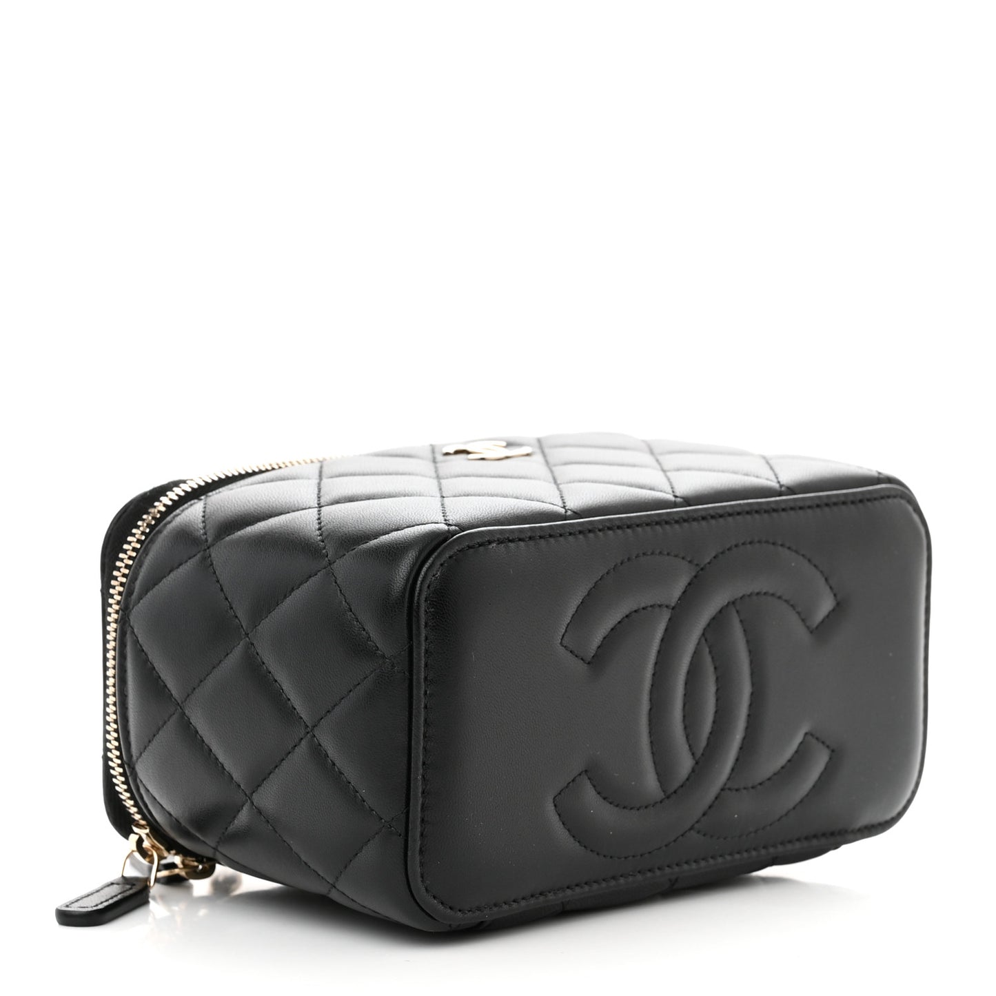 Lambskin Quilted Small Top Handle Vanity Case With Chain Black