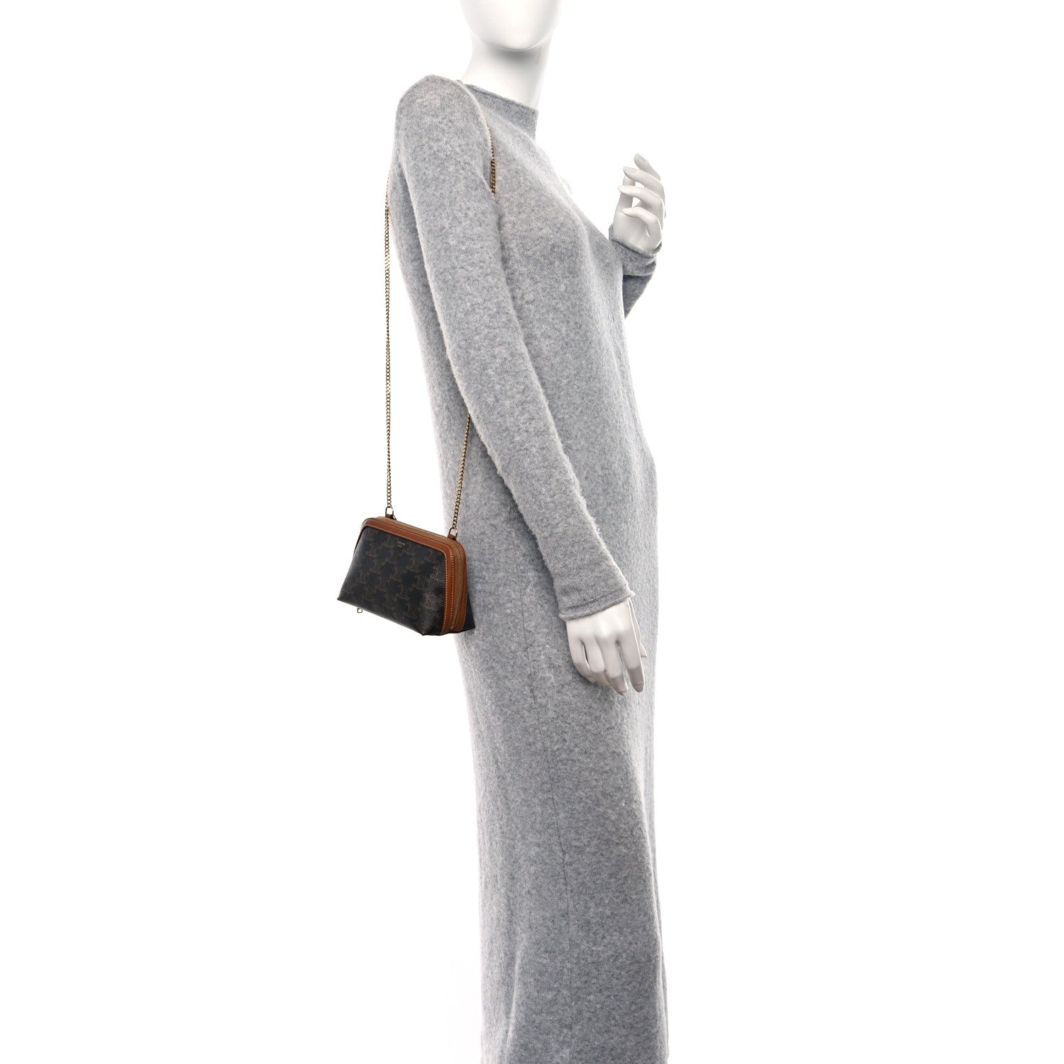 Celine Triomphe Canvas Lambskin Clutch On Chain Tan 2 of 10