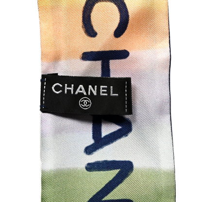 Chanel Silk Logo Slim Bandeau Scarf Dark Navy Orange Blue 2 of 3