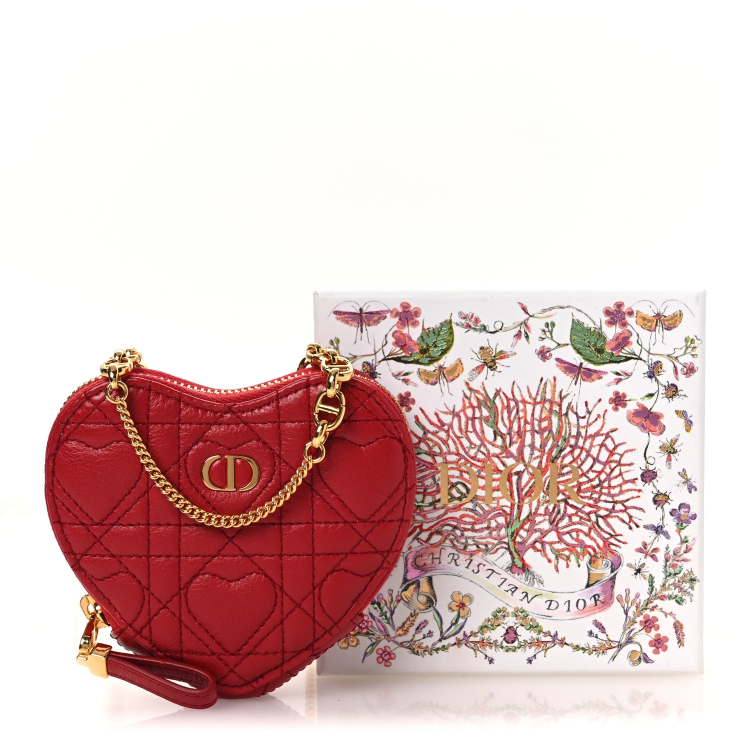 Christian Dior Calfskin Cannage Dioramour Caro Heart Pouch With Chain Bright Red 11 of 12