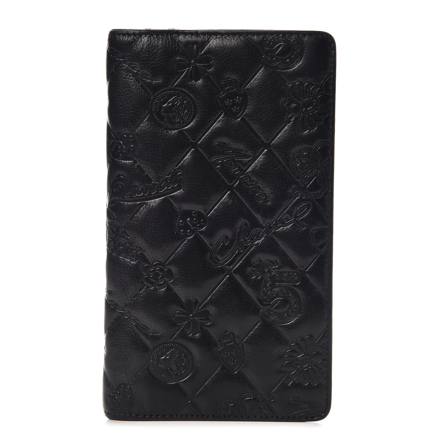 Calfskin Quilted Lucky Symbols Flap Wallet Black