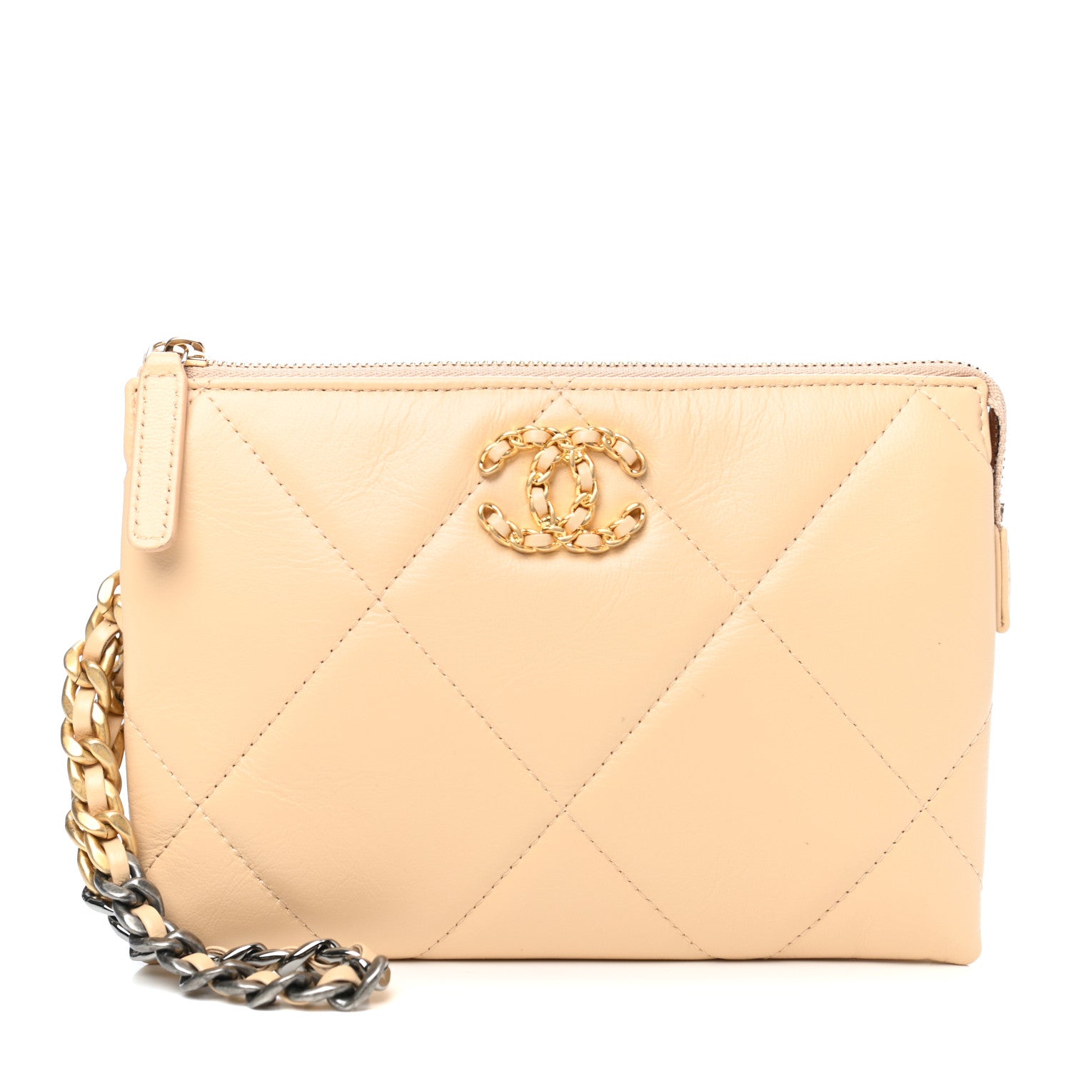 Chanel Shiny Goatskin Quilted Chanel 19 Small Pouch With Handle Beige 1 of 7