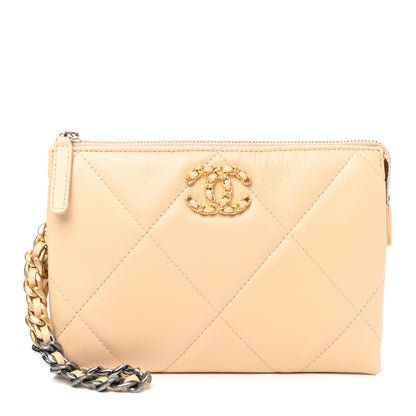 Chanel Shiny Goatskin Quilted Chanel 19 Small Pouch With Handle Beige 1 of 7