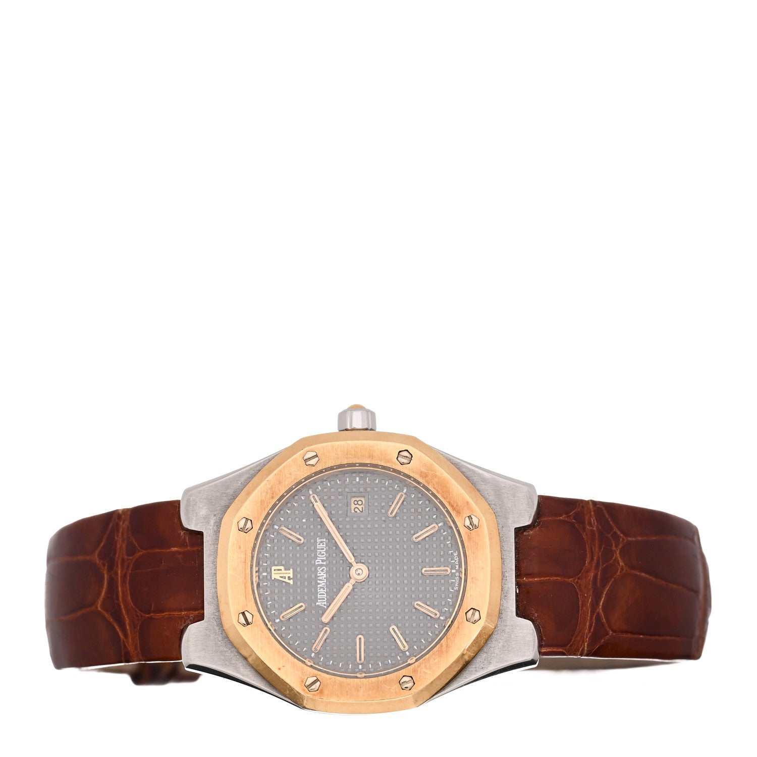 Audemars Piguet Stainless Steel 18K Yellow Gold Alligator 28mm Royal Oak Quartz Watch Grey 66800SA 2 of 4