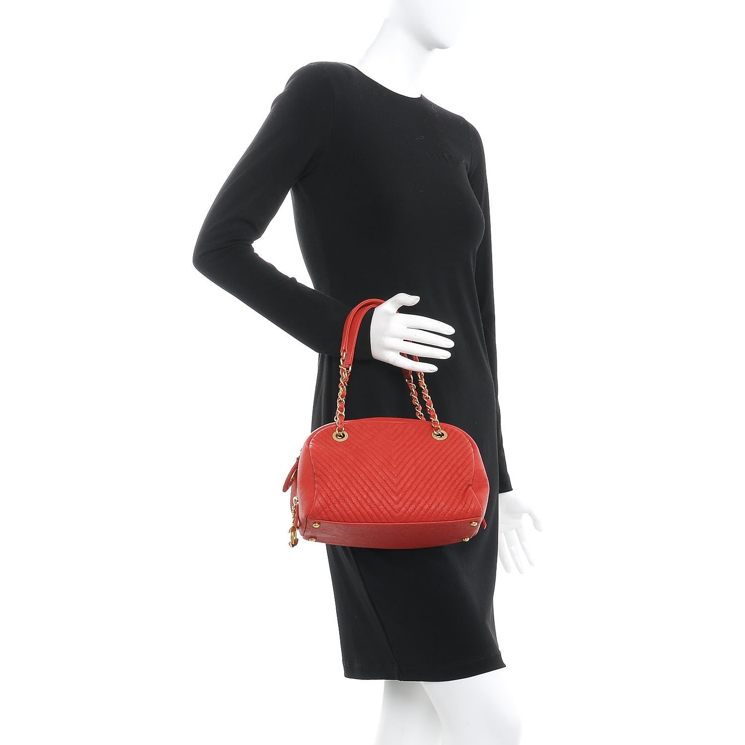 Chanel Wrinkled Lambskin Chevron Quilted Surpique Bowler Red 2 of 6