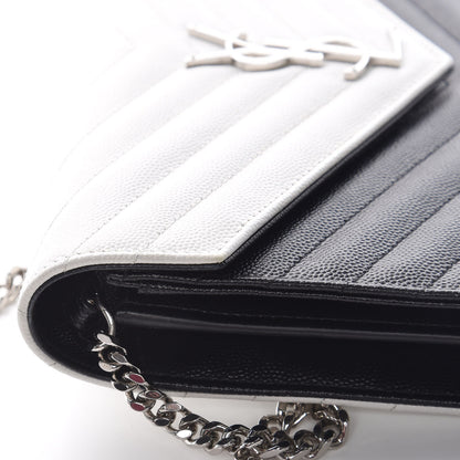 Saint Laurent Grain De Poudre Matelasse Chevron Bi-Color Monogram Chain Wallet White Black 12 of 13