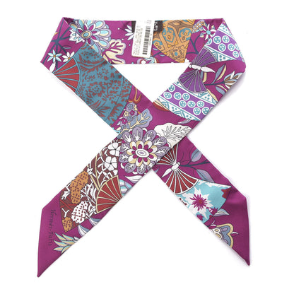 Hermes Silk Fleurs et Papillons de Tissus Twilly Fuchsia Turquoise Beige 1 of 3