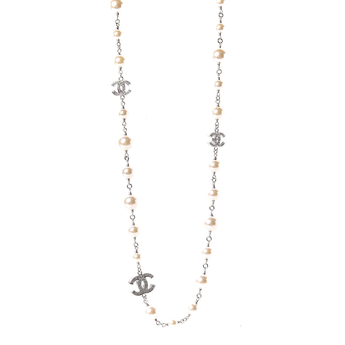 Graduated Pearl Crystal CC Long Necklace Silver Pearly White