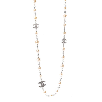 Chanel Graduated Pearl Crystal CC Long Necklace Silver Pearly White 1 of 7