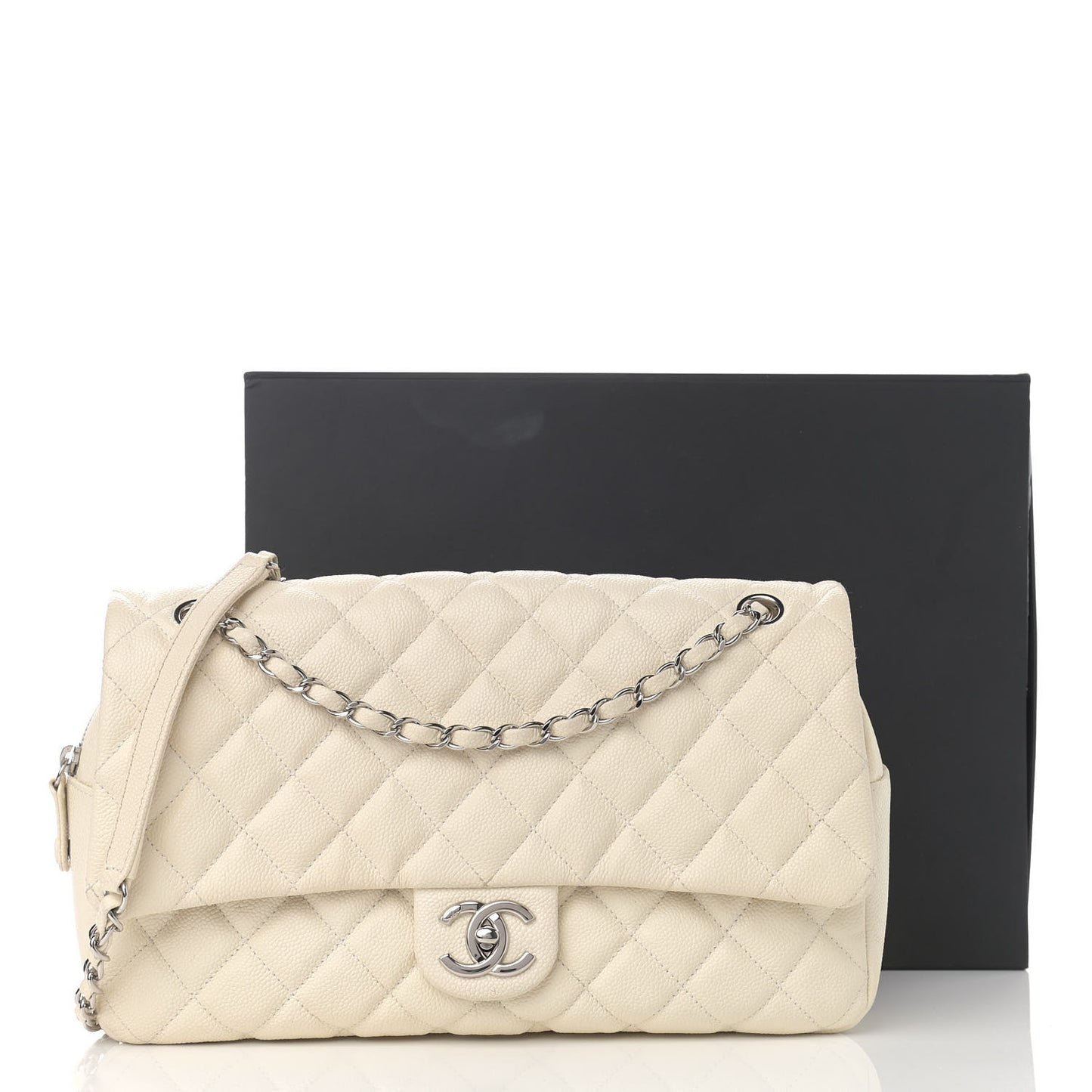 Caviar Quilted Jumbo Easy Flap Dark White