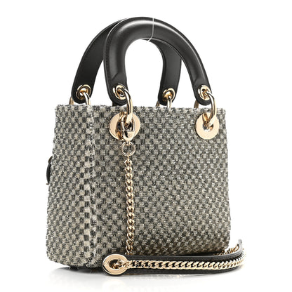 Christian Dior Calfskin Beaded Checkered Mini Lady Dior Grey White 3 of 9