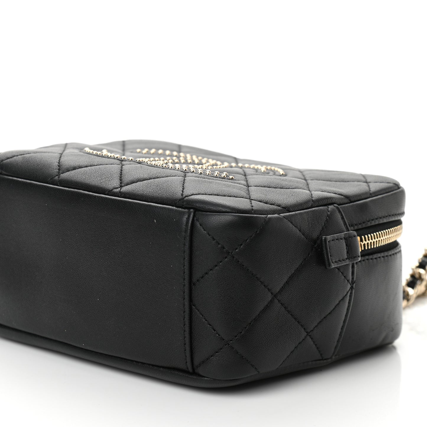 Lambskin Quilted Studded Quilted Vanity Case With Chain Black