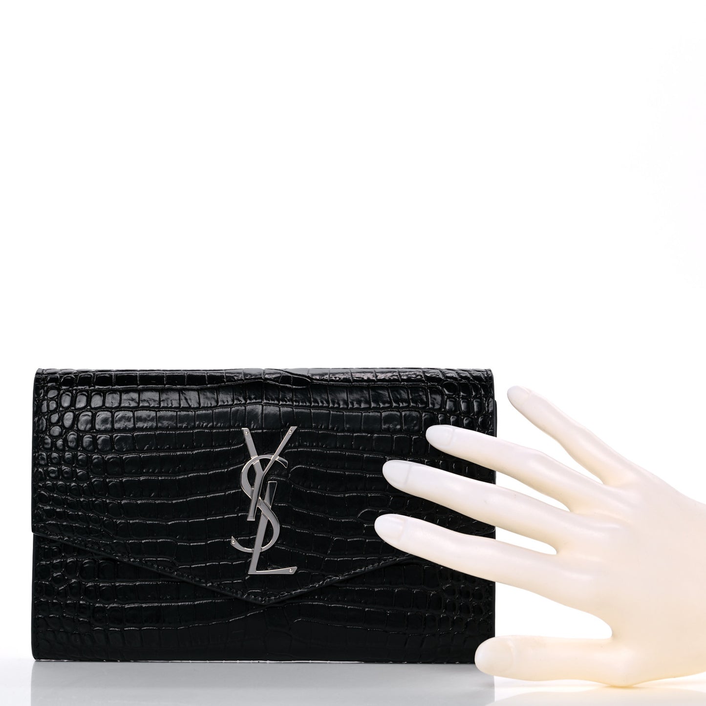 Calfskin Crocodile Embossed Monogram Uptown Chain Wallet Black