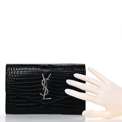 Saint Laurent Calfskin Crocodile Embossed Monogram Uptown Chain Wallet Black 3 of 11