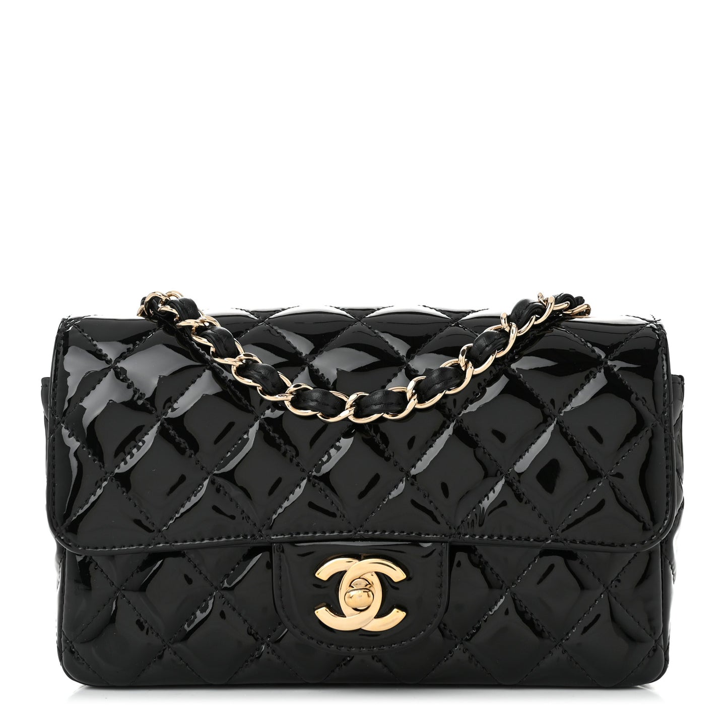 Patent Calfskin Quilted Mini Rectangular Flap Black