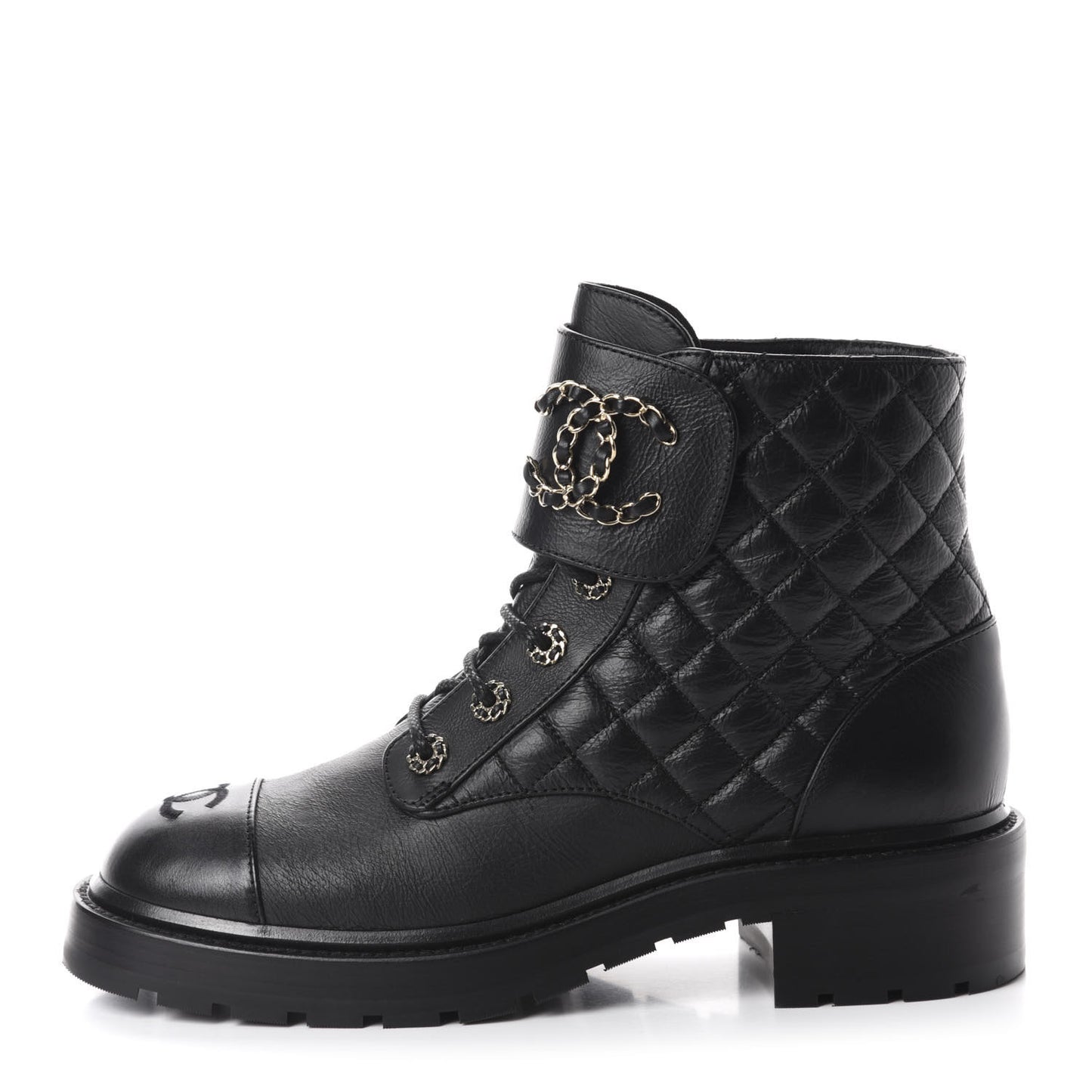 Shiny Goatskin Calfskin Quilted Lace Up Combat Boots 40.5 Black