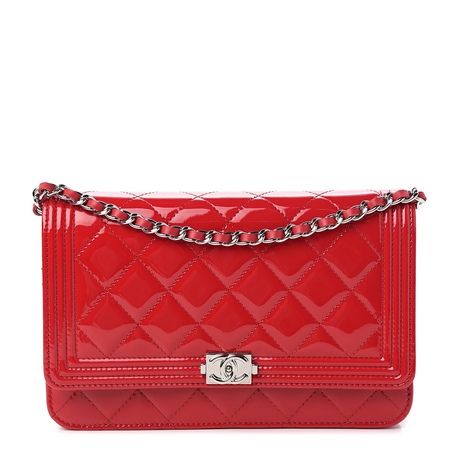Patent Calfskin Quilted Boy Wallet On Chain WOC Red