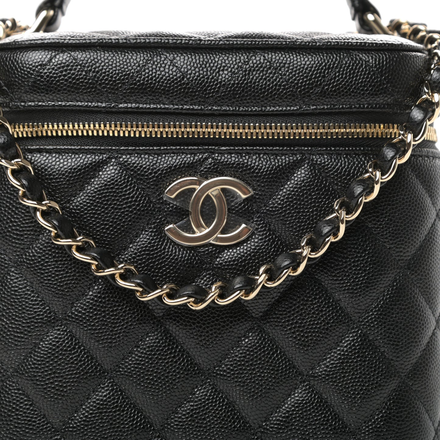 Caviar Quilted Small Top Handle Vanity Case With Chain Black