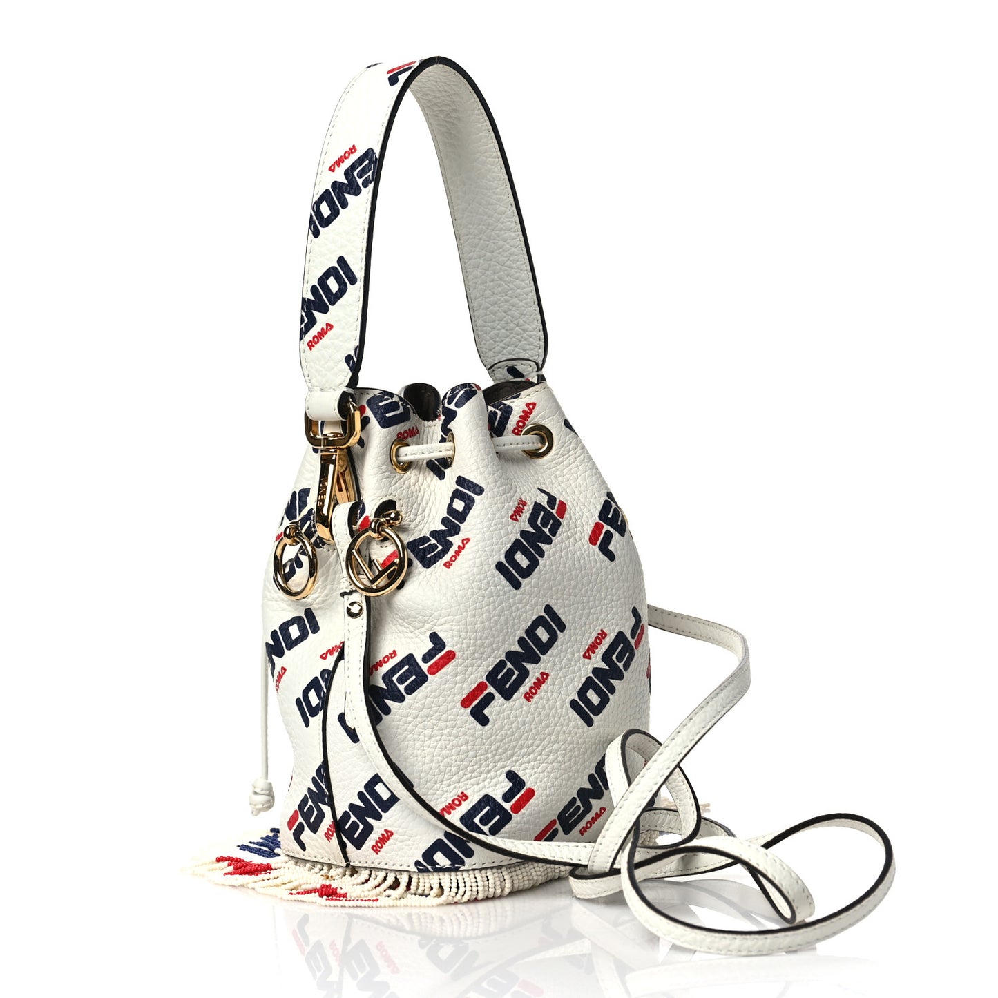 X FILA Calfskin F is Fendi Mania Fringe Mini Mon Tresor Bucket Bag White