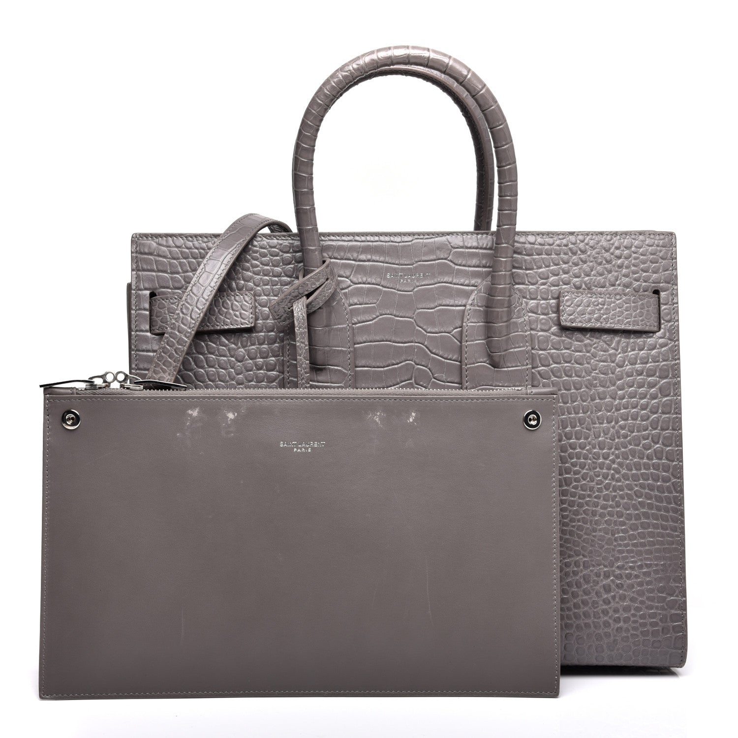 Saint Laurent Calfskin Crocodile Embossed Small Sac De Jour Fog 10 of 11