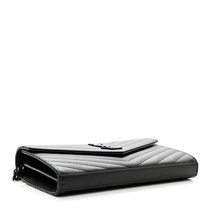 Saint Laurent Grain De Poudre Matelasse Chevron Monogram Monochrome Chain Wallet Black 4 of 10