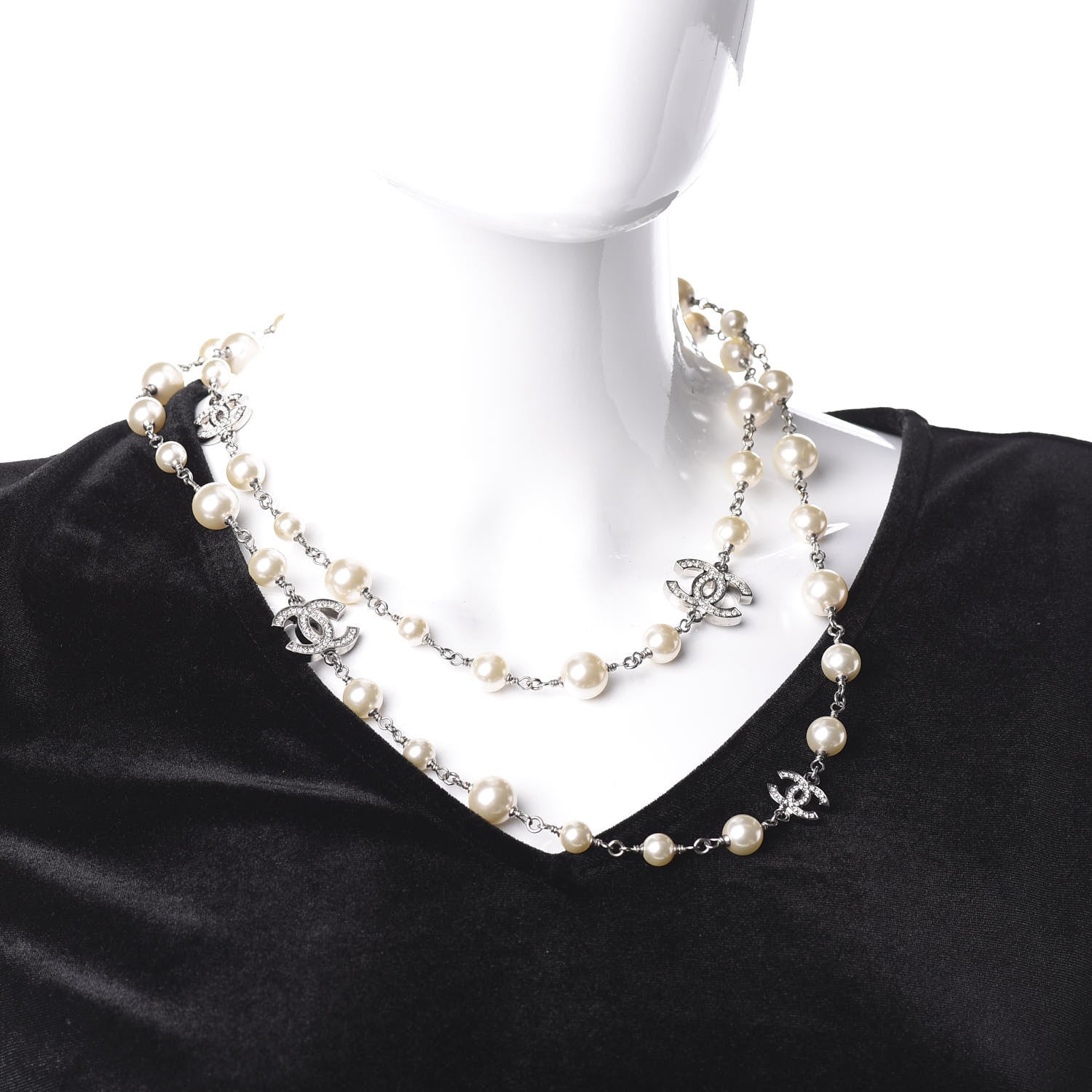 Chanel Crystal Pearl CC Long Necklace Silver 2 of 3