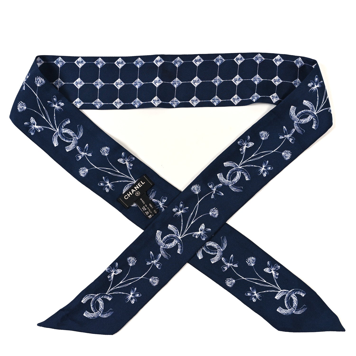 Chanel Silk CC Slim Bandeau Scarf Blue Ecru 1 of 3