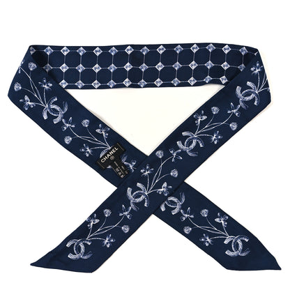Chanel Silk CC Slim Bandeau Scarf Blue Ecru 1 of 3