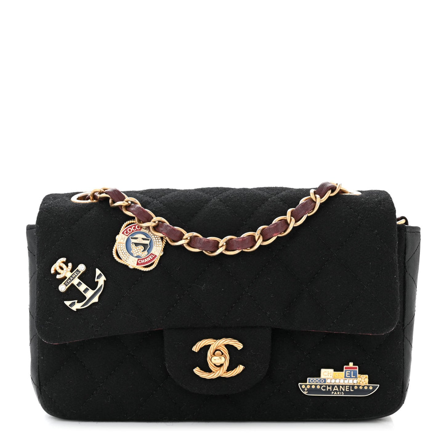 Felt Quilted Paris-Hamburg Charms Mini Rectangular Flap Black Dark Navy