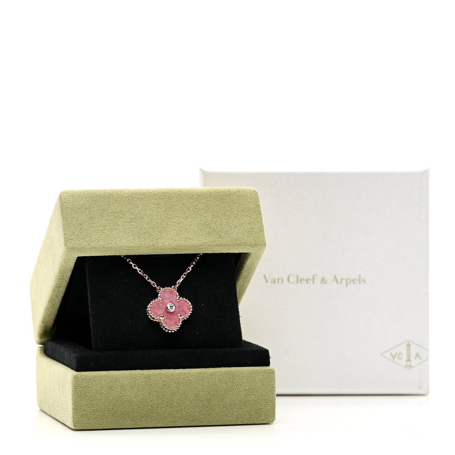 Van Cleef & Arpels 18K Rose Gold Diamond Rhodonite Vintage Alhambra Pendant Necklace 6 of 6