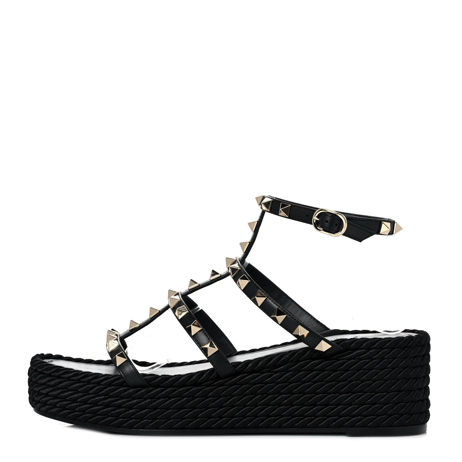 Valentino Garavani Calfskin Rockstud Ankle Strap Torchon Espadrille Caged 30/55mm Sandals 39 Black 1 of 8