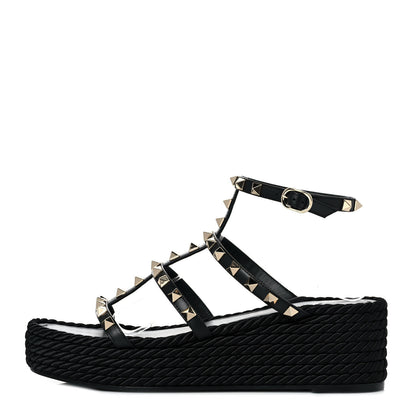Valentino Garavani Calfskin Rockstud Ankle Strap Torchon Espadrille Caged 30/55mm Sandals 39 Black 1 of 8
