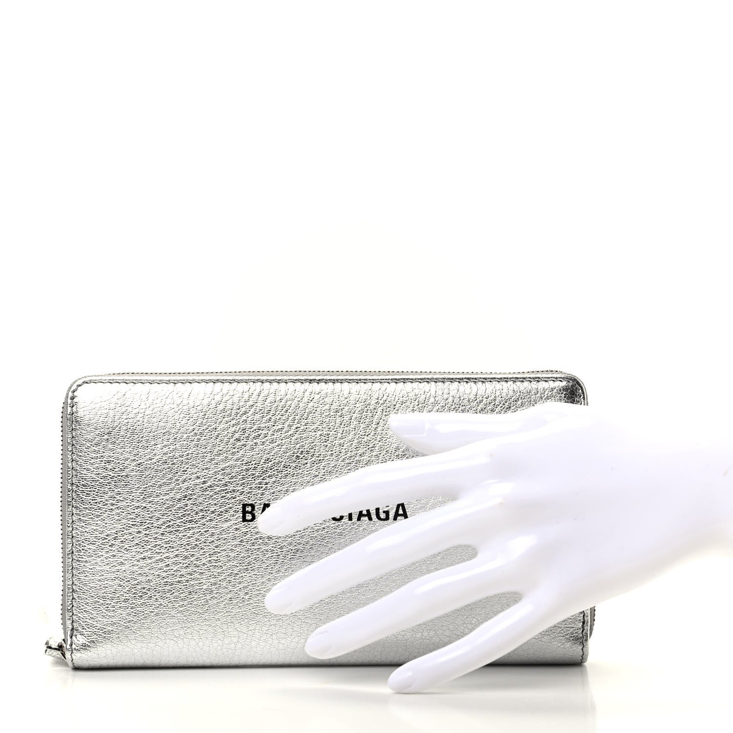 Balenciaga Metallic Goatskin Logo Everyday Continental Zip Around Wallet Argent Black 2 of 8