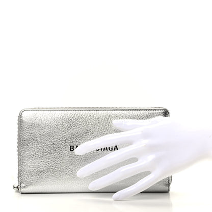 Balenciaga Metallic Goatskin Logo Everyday Continental Zip Around Wallet Argent Black 2 of 8