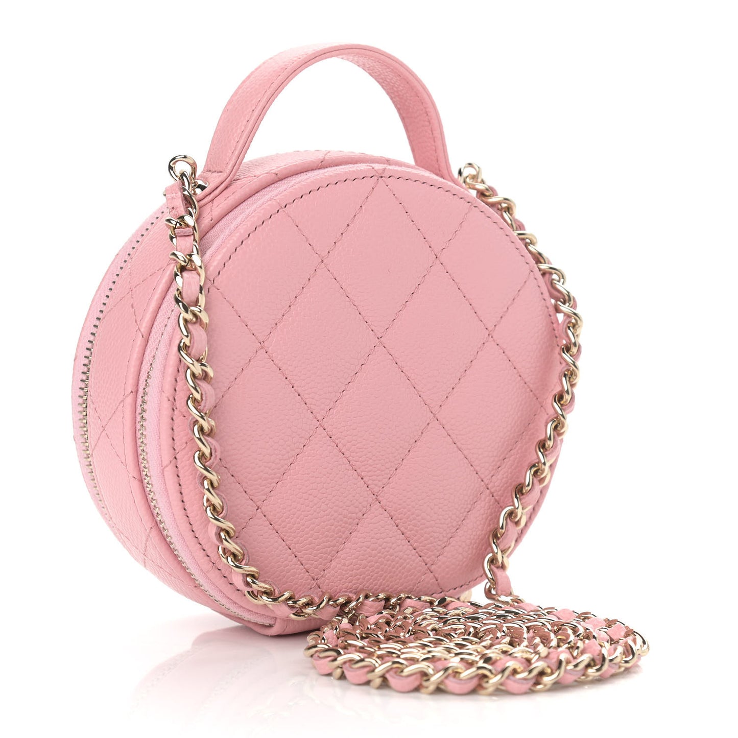 Caviar Quilted Round Handle With Care Vanity With Chain Pink
