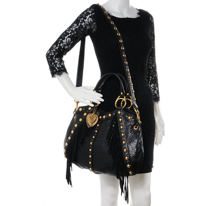 Gucci Leather Python Suede Fringe Babouska Tote Black 2 of 8