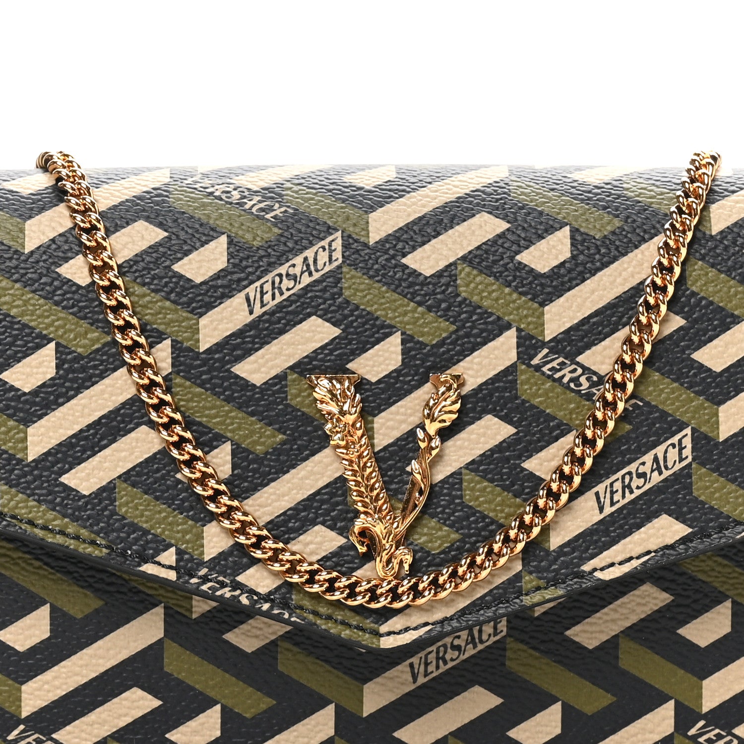 Versace Coated Canvas Virtus La Greca Signature Shoulder Bag Black Khaki 7 of 9