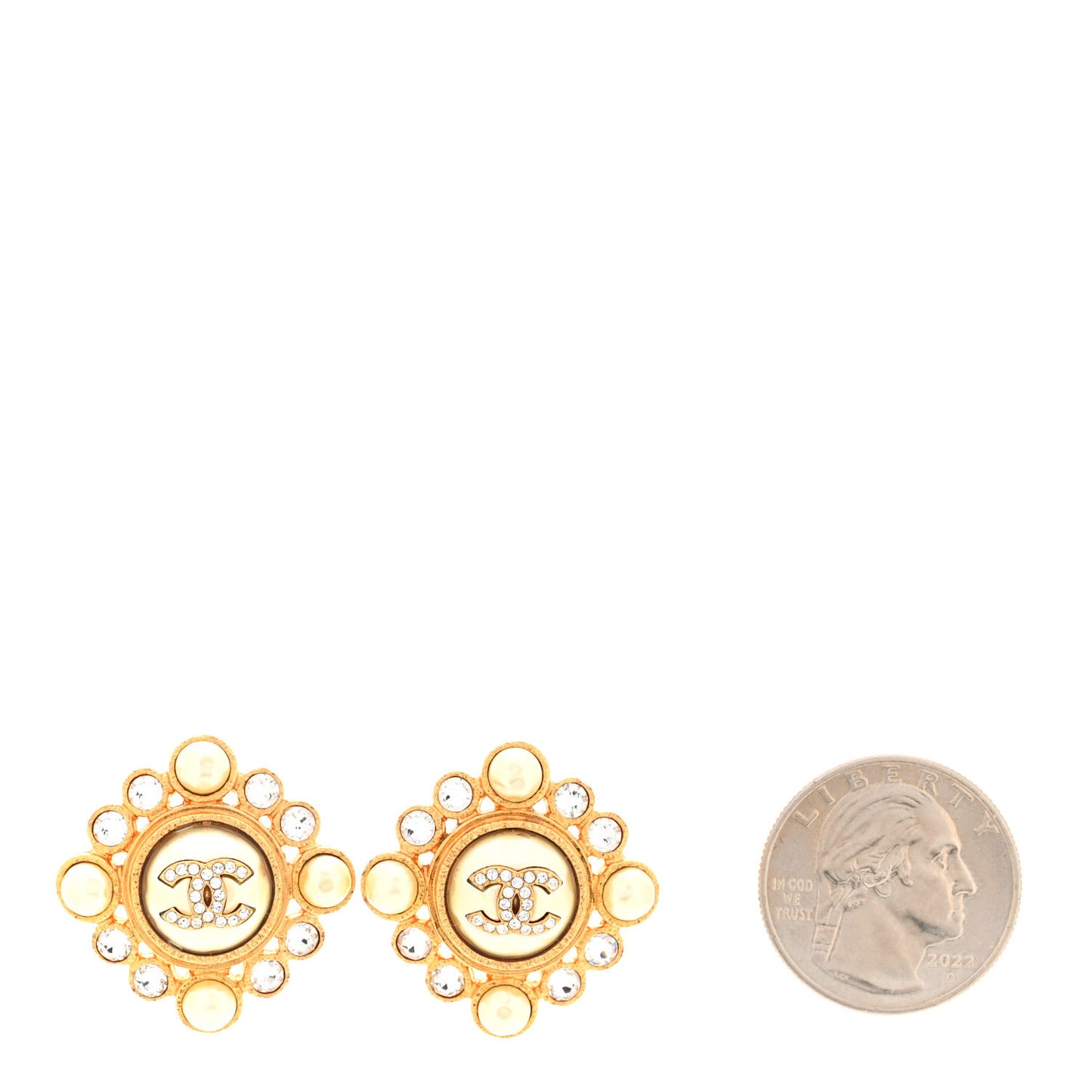 Pearl Crystal CC Round Earrings Gold
