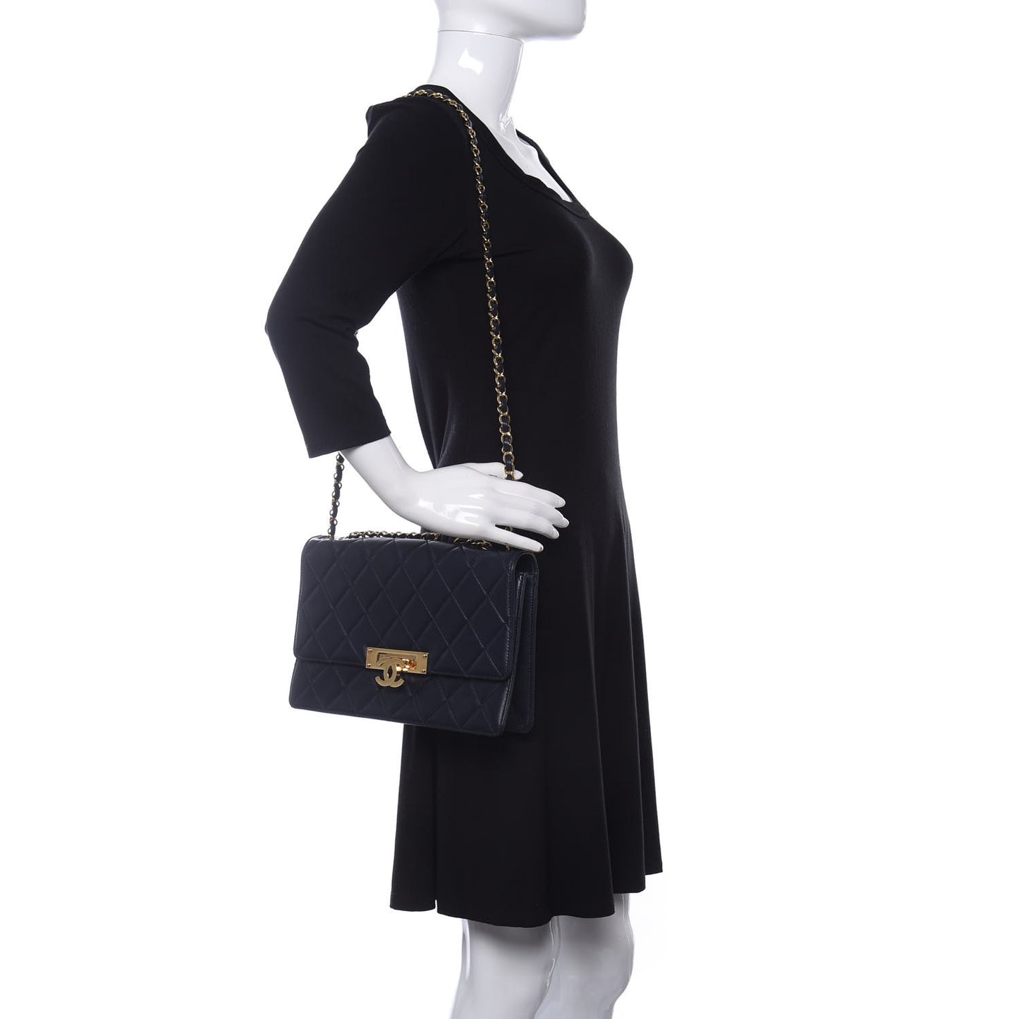 Lambskin Quilted Large Golden Class Flap Navy