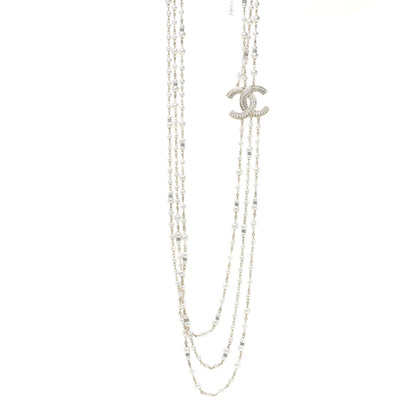 Graduated Pearl Crystal CC Multi Strand Long Necklace Gold