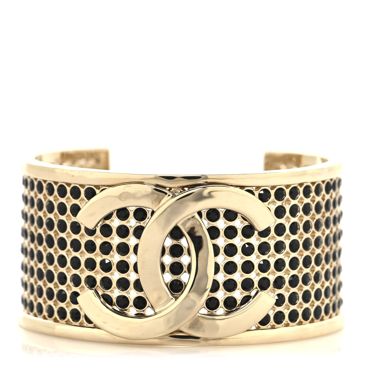 Chanel Metal Crystal CC Cuff Bracelet M Black Gold 1 of 4